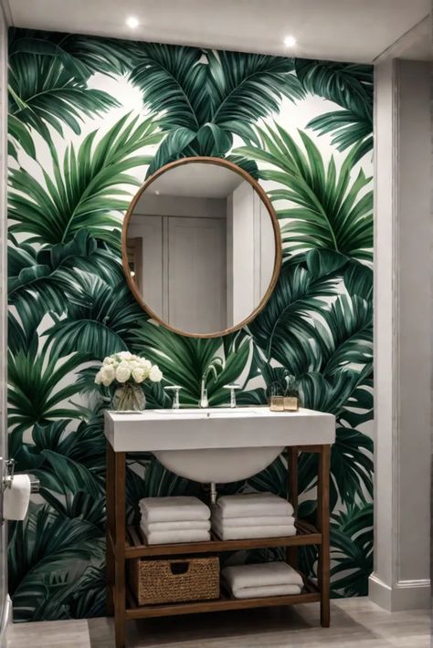 Dramatic wallpaper design in the bathroom Jungle Theme Bathroom Ideas, Green Tropical Bathroom, Bold Wallpaper Bathroom, Dramatic Wallpaper, Cool Bathroom Decor, Stylish Bathroom Ideas, Safari Bathroom, Sleek Lighting, Modern Bathroom Decor Ideas