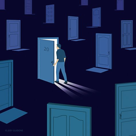 © Joey Guidone - Next Door - Doors, Open, Man, Walking, Opened, New year, 2020, proposal, Lifetime, Life, Changing, Memories, Mind, Minded, Lights Memory Illustration, Happy New Years Eve, Man Walking, Happy New Years, Illustration Work, Conceptual Illustration, Artist Illustration, Graphic Design Lessons, Poses References