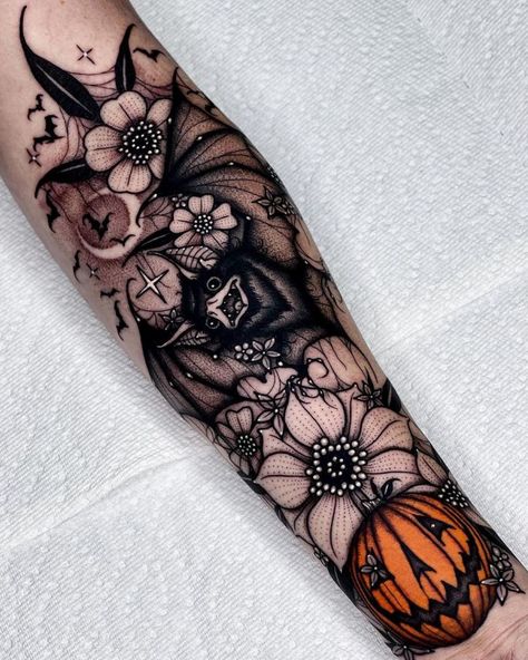 50 magical Halloween tattoos | iNKPPL Witchy Tattoos Leg Sleeve, Bats And Flowers Tattoo, Traditional Style Tattoo Flowers, Bat And Flower Tattoo, Spooky Flower Tattoo, Edgy Tattoo For Women, Bat Tattoo Gothic, Gothic Flower Tattoo, Bat Tattoo Ideas