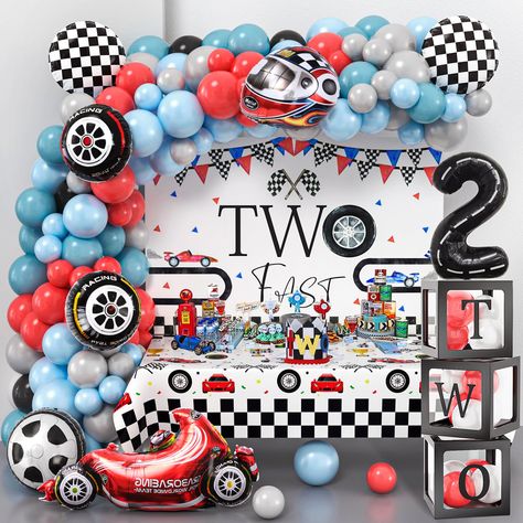 PRICES MAY VARY. 🏎PERFECT RACE CAR PARTY DECORATIONS KIT - Our two fast birthday decorations set includes 115 latex balloons (5"+10"+12", 5 colors), a two fast backdrop and a race car table cloth, 3 baby boxes with 3 letters, 2nd birthday crown, 1 racing foil balloon set with 2 checkered balls, 2 red tires, 1 gold tire, 2 wheels, 1 red racing car, 1 number "2", 1 helmet, plus 3 tools. Have a race car themed birthday party for your boys! 🌈UNIQUE DESIGN IN COZY COLOR - We adjusted the color sche Balloon Themed Birthday Party Boy, 2nd Birthday Dirt Bike Theme, Car Theme Birthday Decor, Two Fast Birthday Decor, Formula One Birthday Party, 2 Fast 2 Furious Birthday Party, Racing Cars Birthday Party, 2 Year Birthday Theme Boy, Two Year Old Birthday Party Boy