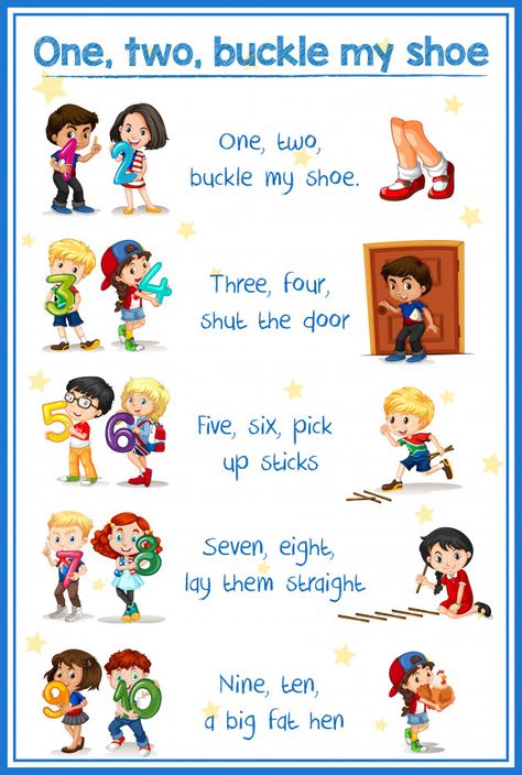 One two buckle my shoe Premium Vector | Free Vector #Freepik #freevector #background #school #icon #children One Two Buckle My Shoe Activities, Rhyming Poems For Kids, One Two Buckle My Shoe, Buckle My Shoe, English Poems For Kids, Nursery Rhymes Poems, Preschool Poems, Rhymes Lyrics, Nursery Rhymes Lyrics