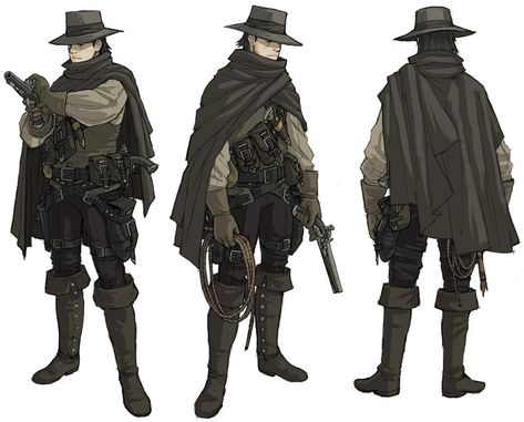 Cowboy Vampire Hunter, Western Outfit Design, Vampire Hunter Dnd Character, Bounty Hunter Outfit Design, Wild West Reference, Vampire Hunter Outfit Male, Steampunk Cowboy Character Design, Wild West Vampire, Cowboy Poncho Art