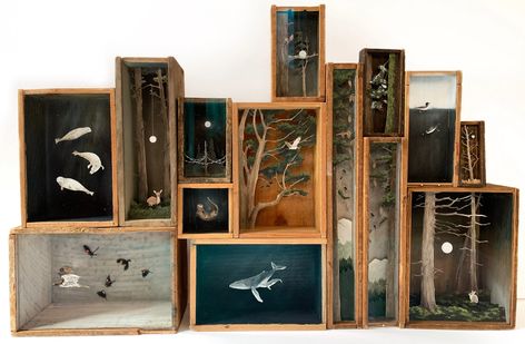 Delightful Nighttime Landscapes Nestle into Stacked Wooden Boxes in Allison May Kiphuth’s Dioramas | Colossal Boho Art Studio, Art Homework, Ocean Habitat, Box Assemblage, Wooden Shadow Box, Art Origami, Shadow Box Art, Colossal Art, Visual Culture