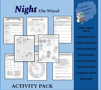 This resource is to be used with the novel Night by Elie Wiesel and includes:  - Vocabulary List with Definitions - Magic Square Vocabulary Activity - Vocabulary Terms Test and Answer Key - Character Analysis Chart:  - (NEW) Say, Mean, Matter Quote Analysis - Quote Circle Activity Template - If I Were in Charge of the World Poem Template - Yiddish Loan Words Lesson - Night Translations Mini Lesson - Theme Worksheet Night Elie Wiesel, Teaching Night, Theme Worksheet, Circle Activity, Analysis Quotes, Activity Template, Night By Elie Wiesel, Poem Template, Ela Lesson Plans