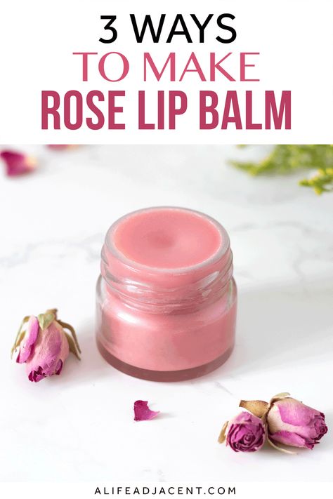 Wondering how to make rose lip balm at home? In this easy lip balm making tutorial, you will learn how to make DIY rose lip balm with rose petals, rose essential oil, or fragrant organic Bulgarian rose wax! Discover 3 ways to make your own lip balm with roses for soft, smooth, pink tinted lips. And yes, it will make your lips smell like roses! This homemade recipe is like luxury rosebud salve, but with natural non toxic ingredients like shea butter, coconut oil, and beeswax. ALifeAdjacent.com How To Make Organic Lip Balm, Soft Lip Balm Recipe, Bees Wax Lip Balm Recipes, Homemade Rose Lip Balm, Lip Salve Recipe, Rose Petals Lip Balm, How To Make Rose Lip Balm, Diy Rose Lip Balm, How To Make Pink Lip Balm