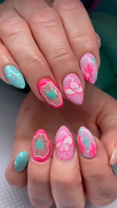 Fun Nashville Nails, Dolly Parton Inspired Nails, Pink Maximalist Nails, Western Barbie Nails, Nashville Nail Designs, Cowboy Theme Nails, Space Cowboy Nails, Western Valentines Nails, Flash Nails Design