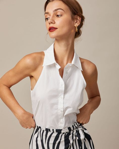 Button Up Sleeveless Top, Solid Coord Sets, Sleeveless Shirts For Women, Body Description, Collar Sleeveless Top, Sleeveless Shirt Women, Sleeveless Button Down Shirt, Athleisure Tops, White Collared Shirt