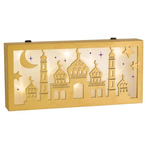 "Buy the Eid Light-Up Wooden Shadowbox at Michaels. com. Perfect décor piece to light up your celebration! Light up your celebration with this elegant light-up shadowbox. Each wooden shadowbox features a mosque silhouette with a starry night background. Use the attached hooks to display this sign where all can see. Details: Eid Light-up Shadowbox design 5.5'' x 11.8'' x 1.75'' box Includes on/off switch Includes attached hooks for hanging Wood | Eid Light-Up Wooden Shadowbox By Amscan | 5.5\" x 11.8\" | Michaels®" Starry Night Background, Happy Birthday Theme, Mosque Silhouette, Decorate Walls, Wooden Shadow Box, Mubarak Ramadan, A Starry Night, Night Background, Halloween Costume Shop