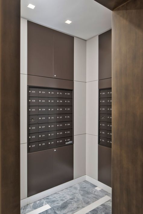 Mail room of luxe Upper West Side lobby, interior design by Pembrooke & Ives. Apartment Mail Room, Mail Room Design, Mail Box Design, Apartment Lobby Design, Apartment Mailboxes, Residential Lobby, Apartment Lobby, Mail Room, Locker Designs