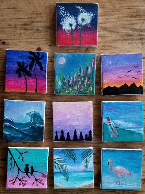 Acrylic on canvas 3 Mini Canvas Paintings, Small Acrylic Canvas Paintings, Diy Canvas Art Aesthetic, Mini Canvas Art Nature, Painting Ideas For Mini Canvases, Mini Canvas Paintings Acrylics, Aesthetic Mini Canvas, Mini Acrylic Paintings Easy, Cute Mini Canvas Paintings Easy