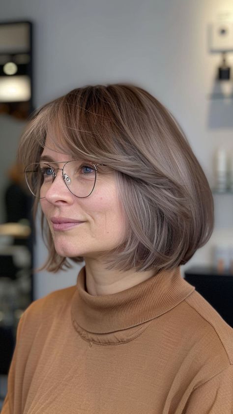 Top 22 Hairstyles and Cuts for Older Women with Glasses: Quick and Stunning Styles | Lookosm Glasses And Bangs Haircuts, Bob Hair With Glasses, Haircut For Glasses Women, Haircuts Women Over 50, Fringe Bob Haircut, Layer Bob, Women With Glasses, Bangs And Glasses, Choppy Haircuts