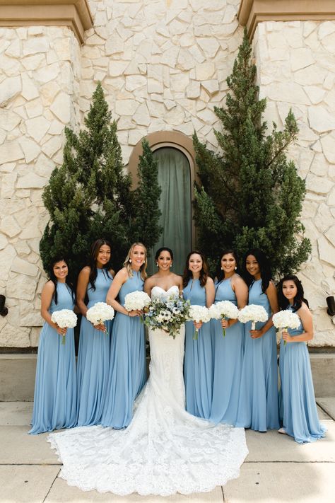 Dusty Blue Dresses Bridesmaid, Greek Blue Bridesmaid Dresses, Wedding And Bridesmaid Dresses, Crystal Blue Bridesmaid Dresses, Sky Blue And White Wedding Theme, Light Blue And Gold Bridesmaid Dresses, Bridesmaid Dresses In Blue, Summer Glam Wedding, Blue And White Wedding Venue Ideas