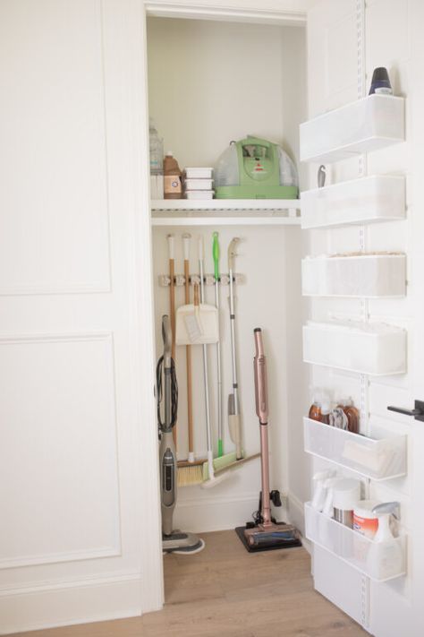 Walk In Cleaning Closet, Organizing Front Closet Entryway, Broom Cupboard Organisation, Purse Hangers For Closet, Multi Use Closet Organization, Laundry Room Organization Minimalist, Organize Pantry With Wire Shelves, Clean Organized House Aesthetic, Home Storage Organization