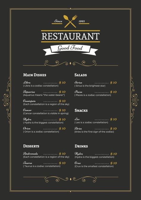 Elegant Menu Design Restaurant, Restaurant Menus Design, Hotel Menu Design, Resturant Menu, Menu Engineering, Menu Sans Gluten, Menu Maker, Hotel Menu, Mobile Coffee Shop