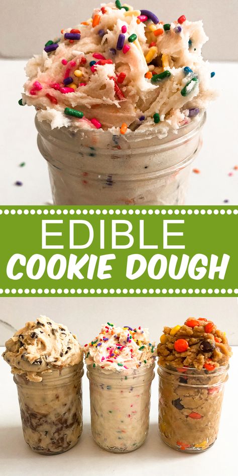 Edible cookie dough in a glass jar topped with sprinkles and candy. Edible Sugar Cookie Dough, Sugar Cookie Dough Recipe, Eggless Cookie, Eggless Cookie Dough, Cookie Dough To Eat, Edible Cookie Dough Recipe, Cookie Dough Recipe, Raw Cookie Dough, Single Serve Desserts