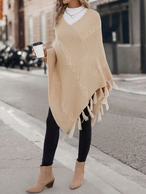 Apricot Casual Collar  Worsted Plain Poncho Embellished Slight Stretch  Women Clothing Poncho Outfit Women, Poncho Outfit, Moda Do Momento, Crochet Poncho Free Pattern, Knit Poncho, Crochet Fall, Outfits Otoño, Women Sweaters, Style Inspiration Fall