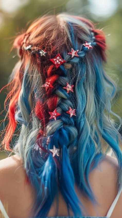 Are you ready to celebrate the 4th of July in ultimate style? Whether you’re attending a backyard barbecue, watching fireworks, or simply enjoying the holiday with friends and family, your hairstyle is the perfect way Forth Of July Hairstyle, 4th Of July Hairstyles For Women, Patriotic Hairstyles, 4th Of July Hairstyles, July Hairstyles, Fourth Of July Hair, Braided Summer Hairstyles, Holiday With Friends, 4th Of July Hair