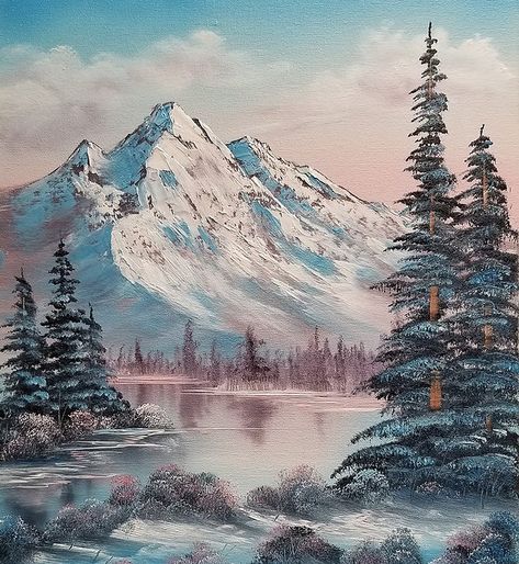 Winter Landscape Mountains, Winter Themed Paintings On Canvas, Bob Ross Acrylic Paintings, Misty Mountains Painting Acrylic, Acrylic Painting Winter Landscapes, Bob Ross Mountain Paintings, Bob Ross Mountains, Winter Mountains Painting, Winter Art Painting Acrylics