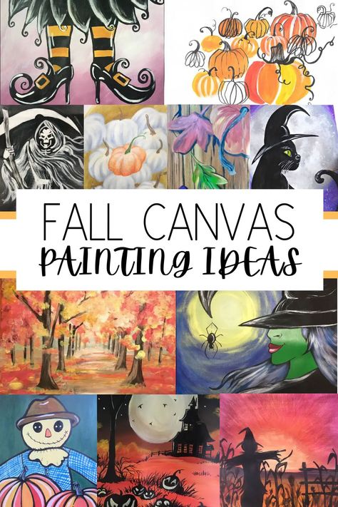 Fun fall canvas painting ideas every beginner painter must try as Autumn approaches! Pumpkin Paint And Sip Ideas, Fall Canvas Painting Ideas Couples, Fall Acrylic Painting Ideas Easy, Thanksgiving Paintings On Canvas Easy Step By Step, Fall Paint Party Ideas, Diy Fall Canvas Painting, Halloween Paint Night Ideas, Fall Paint Night Ideas, Canvas Painting Ideas Fall