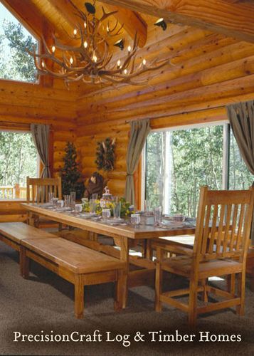 Log Home Decorating, Log Home Interiors, Log Cabin Dining Room, Cabin Dining Room, Log Cabin Furniture, Home Dining Room, Log Home Living, Log Cabin Ideas, Cabin Furniture