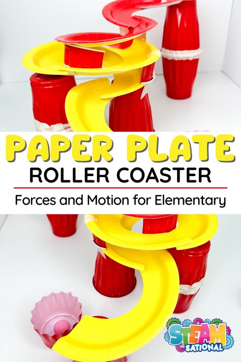 Paper Plate STEM: Roller Coaster Design Challenge for Elementary 11 Elementary Steam Projects, Physics Roller Coaster Project, Things That Roll Activities, Paper Plate Roller Coaster, Steam Crafts Elementary, Stem Engineering Projects For Kids, Build A Roller Coaster Stem, Stream Activities Elementary, Outside Stem Activities