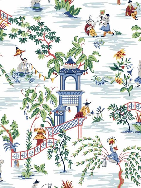 A fresh take on a classic Chinoiserie scene. Whimsical and charming, Tian Chinoiserie will add delicacy and refinement to any room. Mist Wallpaper, De Gournay Wallpaper, Chinese Prints, Chinoiserie Art, Chinoiserie Motifs, Chinoiserie Decorating, Chinoiserie Style, Chinese Design, Art Deco Pattern