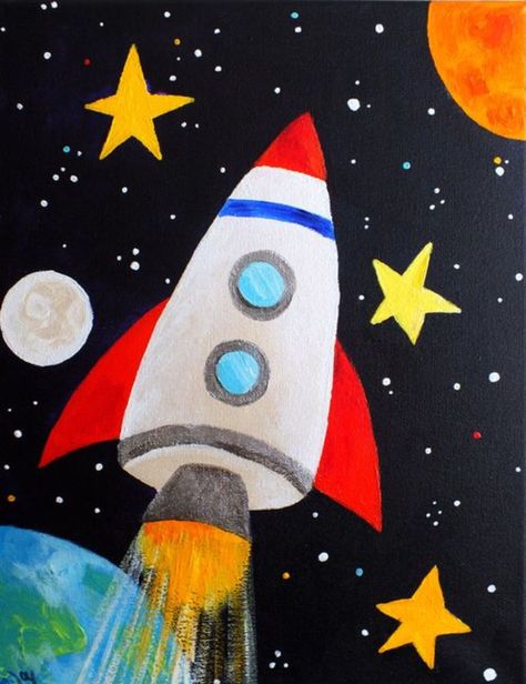 Space ship, rocket, painted rock idea Painted Rocket Ship, Rocket Painting Ideas, Rocket Ship Painting, Space Art For Kids, Rocket Painting, Art Spatial, Space Themed Room, Kids Canvas Art, Wall Art For Kids