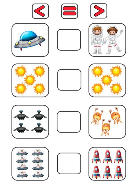 A mathematical game for children from 3 years old, which suggests comparing numbers of space objects within 10. The task develops logical and mathematical thinking, teaches using the concepts «greater than», «less than», «equals» correctly, to distinguish the corresponding signs «more, less, equal » and to count. To start the game, you should print the task in PDF format, count the number of objects on the right and left sides of the line, then, having determined where the greater number of obje Comparing Numbers Kindergarten, Comparing Numbers Worksheet, Mathematical Thinking, Compare Numbers, Space Objects, Kindergarten Math Worksheets Addition, Maternelle Grande Section, Preschool Math Games, Mathematics Games