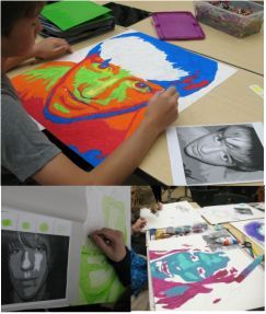 Whether it is paint, oil pastel, crayon, or anything else you could think of (yarn, paper, sequins...), 8th grade students are showing what they know about value through the process of making portraits.