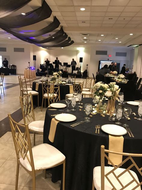 Centerpieces For Prom Party, Ball Event Decor, Black And Gold Wedding Bridal Party, Elegant 50th Anniversary Party Ideas, Black Attire Party Decorations, Night Of Elegance Theme, Black And Gold Venue Decorations, Golden Gala Decorations, Black Quinceanera Centerpieces