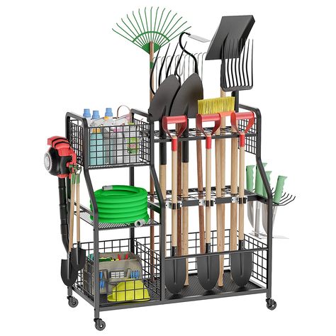 PRICES MAY VARY. 【Upgraded Tool Racks】Upgraded gardening tool rack that integrates shelves, large tool slots, small tool racks, baskets, hooks, and buckles. The ingenious design allows the tool rack to store tools of various sizes, and has a strong load-bearing capacity to realize comprehensive storage of garden tools. 【With Extra Storage Basket】Felnuhee garden tool rack takes into account that the items on the rack will shake with it when moving, so we add a square storage basket above the rack Tier Garden, Garden Tool Organizer, Garden Tool Rack, Best Garden Tools, Garden Tool Organization, Garden Garage, Tool Stand, Yard Tools, Tool Organizers