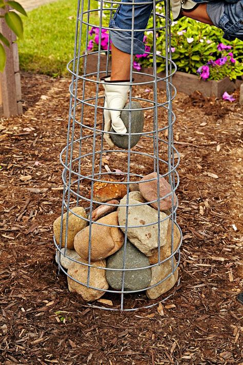 gabion-cage-stones-2d96c483 Planter Pedestal, Small Garden Landscape, Tomato Cage, Stone Plant, Garden Art Sculptures Diy, Tomato Cages, Rock Garden Landscaping, Garden Art Projects, Garden Art Crafts