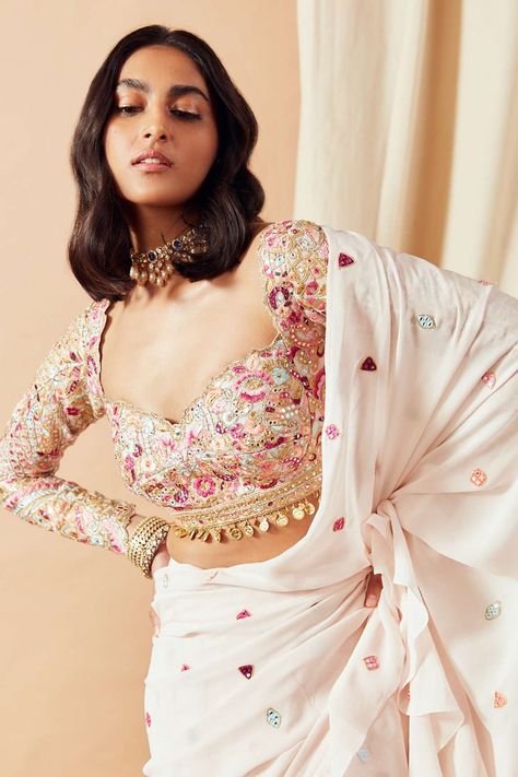 Pink Ruffle Saree, Full Sleeves Blouse Designs, Saree Blouse Styles, Full Sleeve Blouse, Mirror Embroidery, Fashionable Saree Blouse Designs, Ruffle Saree, Blouse Designs Indian, Indian Saree Blouses Designs