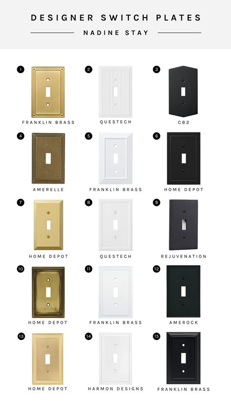 Designer switch plates are an easy and inexpensive way to elevate your room from the standard white outlet and switch covers. Simple home improvements that make a big impact. I rounded up 15 of my favorite designer outlet and switch covers in brass, black, and white. | Nadine Stay #outletcovers #switchcover #wallplates #brassoutletcover #brassswitchcover #brasswallplate #easyDIY #easyhomeupgrade #homeupgrades #vintageart #slatwall Organisation, Black Outlet Covers, Black Light Switch, Light Plate Covers, Modern Light Switches, Designer Light Switches, Wall Outlet Covers, Vintage Light Switches, Easy Weekend Projects