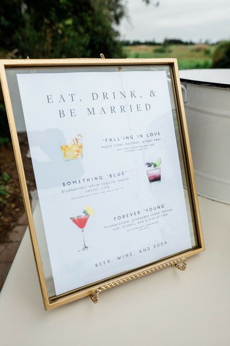 Cocktail Hour Drinks Wedding, Specialty Cocktails Wedding Sign, Champagne Wedding Drinks, Classy Cocktail Hour Wedding, Wedding Cocktail Hour Drinks, Wedding Cocktail Hour Menu Ideas, Cocktail Hour Drink Station, Couples Cocktails Wedding, Wedding Registry Sign