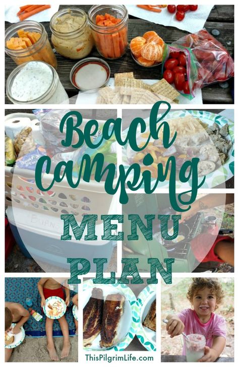 Camping with kids can be intimidating. What you will eat doesn't have to be. Check out what we prepped, packed, and ate on our weeklong camping trip at the beach. Camping Beach Ideas, Things To Eat At The Beach, Camping Beach Hacks, Camping At The Beach Hacks, Food To Eat At The Beach, Beach Camping Food, Beach Camping Meals, Packing Food For The Beach, Camping On Beach