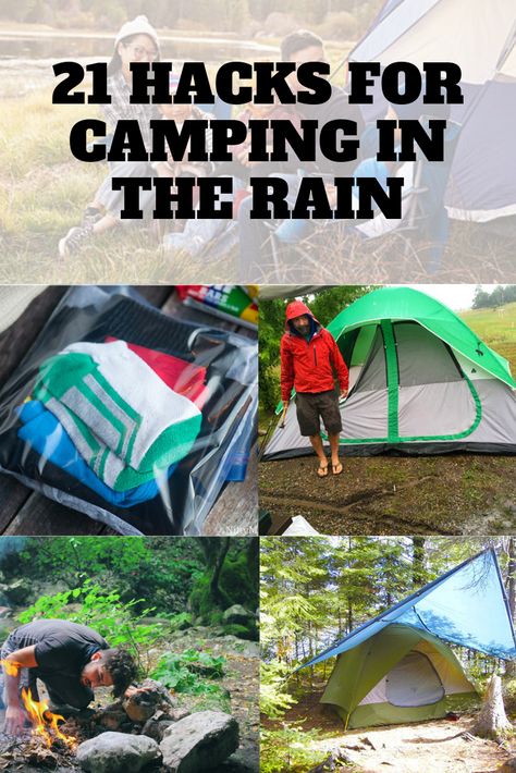 21 awesome hacks for camping in the rain. Use these tips to help you stay dry and have an enjoyable time when camping in the rain. #TentsnTrees #campingintherain #rainycamping How To Camp In The Rain, Clever Camping Hacks, Survival Camping Ideas, Tent Camping In The Rain Hacks, Camping Survival Hacks, Tips For Camping In The Rain, Camping In Rain Hacks, Camping Tips And Tricks For Beginners, Rain Camping Hacks