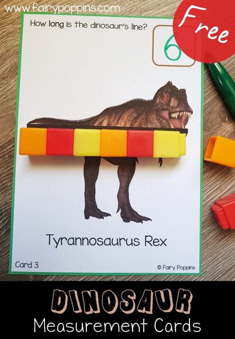 These measurement activities are awesome for kids who love dinosaurs! The focus is on measuring with non standard units such as cubes and links. I find kids learn best when activities are fun and hands-on. The following measurement activities can be done with a few simple materials.   1. Dinosaur Measuring Cards   These measurement… Build A Dinosaur With Shapes, Measuring With Cubes, How Do Dinosaurs Count To Ten Activities, Measuring Height Activities, Dinosaurs Crafts Preschool, Dinosaur Writing Activities, Dinosaur Pictures For Kids, Dinosaur Theme Activities, Fairy Poppins