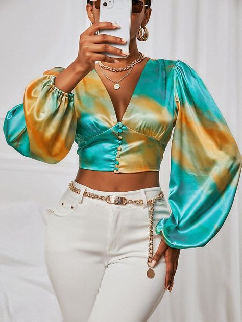 Free Returns ✓ Free Shipping On Orders $49+ ✓. Satin Tie Dye Bishop Sleeve Crop Blouse- Women Blouses at SHEIN. Crop Top Women Outfits, Elegant Tops And Blouses Classy, Free Tops For Women, Cropped Blouse Outfit, Fancy Tops For Women Style, Women Blouse Design, Classy Dress Outfits Fashion Ideas, Fashion Tops Blouse Style, Satin Outfit Ideas