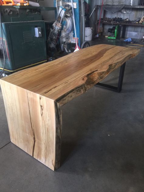 Bar Top Desk, Live Edge Waterfall Desk, Waterfall Live Edge Table, Live Edge Waterfall Table, Waterfall Table Diy, Live Edge Furniture Ideas, Waterfall Wood Countertop, Wood Waterfall Table, Waterfall Edge Desk