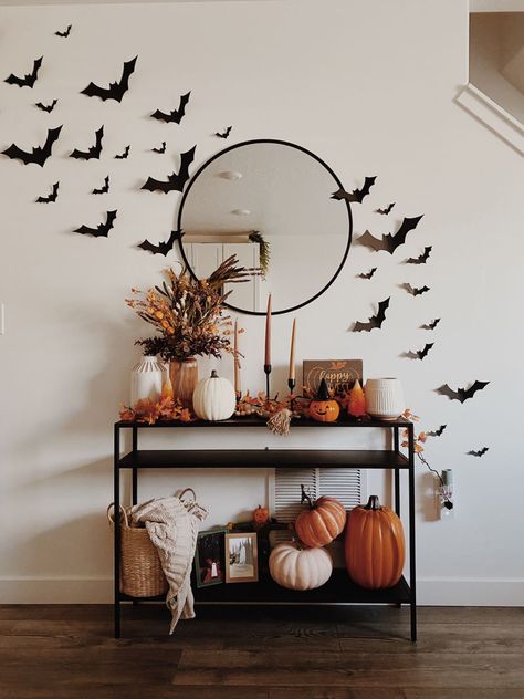 Fall And Halloween Aesthetic Decor, Fall Halloween Table Decor, Fall Halloween Decor Apartment, Modern Halloween Home Decor, Back Porch Halloween Decorations, October House Decor, Halloween Decorations Inside House, Halloween Front Entry Ideas, Witch Fall Decor