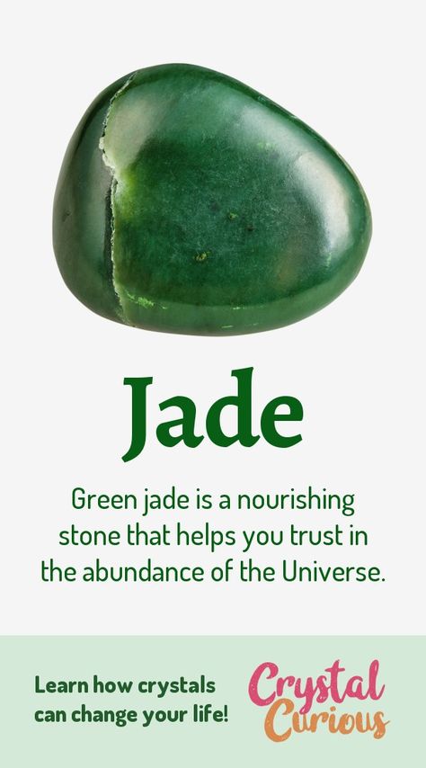 Jade Meaning & Healing Properties. Green jade is a nourishing stone that helps you trust in the abundance of the Universe. Learn all the crystal & gemstone properties and crystal healing for beginners at CrystalCurious.com. Chakra healing with stones, positive energy & vibrations, crystal meanings, crystal therapy. #crystals #crystalhealing #newage #positiveenergy #gemstones #energyhealing #crystalcurious Jade Stone Meaning, Stone Meanings, Jade Meaning, Energy Muse, Crystal Healing Chart, Verde Jade, Positive Vibrations, Jade Color, Gemstone Properties