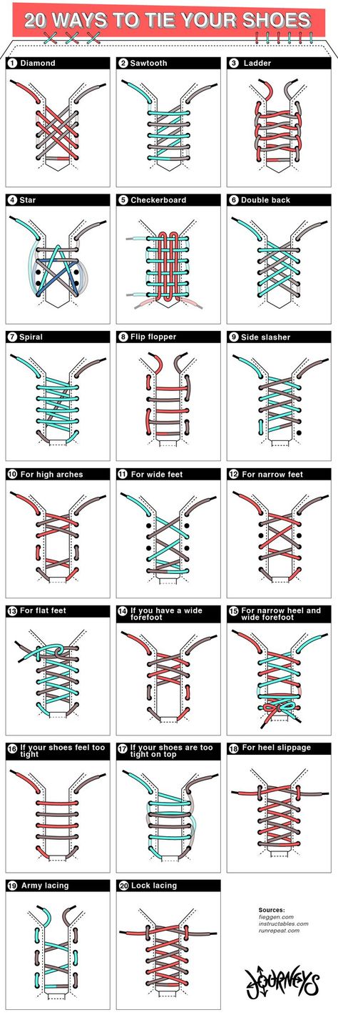 20 illustrations showing how to tie shoe laces in different ways. Converse Tying Laces, Different Ways To Put Laces On Shoes, Cute Ways To Tie Your Shoes Laces, Lacing Patterns For Shoes, Cool Show Lace Patterns, Cool Ways To Put In Shoe Laces, Ways To Do Your Shoelaces, Cute Ways To Do Your Shoelaces, Ways To Do Laces