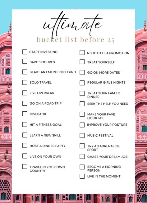 ultimate bucket list before 25 20s To Do List, Bucket List Ideas For Women Before 40, 25 Things To Do Before 25, Defining Decade, Bucket List Ideas For Women, Healthy Lifestyle Motivation Quotes, Monica Brown, Goals List, Health Lifestyle Quotes