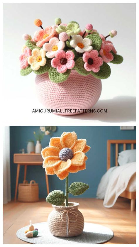 Crochet Flower Bouquets Free Pattern, Plant Crochet Free Pattern, Crochet Vase Flowers Free Pattern, Crochet Amigurumi Flowers Free Pattern, Crochet Vase Pattern Free, Crochet Garden Ideas, Amigurumi Flower Free Pattern, Flowers Crochet Pattern Free, Free Flower Crochet Patterns