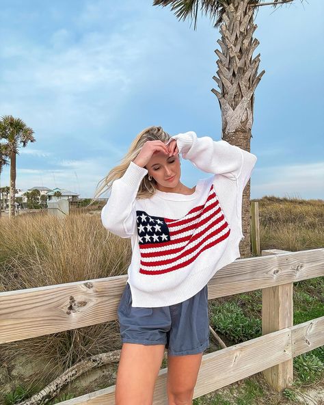 ✨RESTOCK ALERT✨ + now in pink & light blue!! // the best-selling American Flag Crochet Sweater is BACK so you can make all your pinterest outfits come to life!! 🇺🇸🤍 #dallastexas #texasboutique #texassmallbusiness #americanflagsweater #pinterestoutfit #coastalstyle #coastaloutfit #preppystyle #preppyfashion American Flag Sweater Outfit, American Flag Crochet, American Flag Clothes, Crochet Knit Sweater, Flag Sweater, Summer Athletic, Wedge Heel Sneakers, Concert Dresses, Texas Boutique