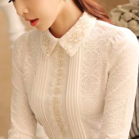 Women Tops Winter Fashion Korean Style Elegant Ladies Blouse Casual Peter Pan Collar Black White Lace Shirt Long Sleeve White Lace Shirt Long Sleeve, Plus Size Women Fashion, White Lace Shirt, Lace Blouse Long Sleeve, Flower Blouse, White Lace Blouse, Tops And Blouses, Office Fashion Women, Elegant Blouses