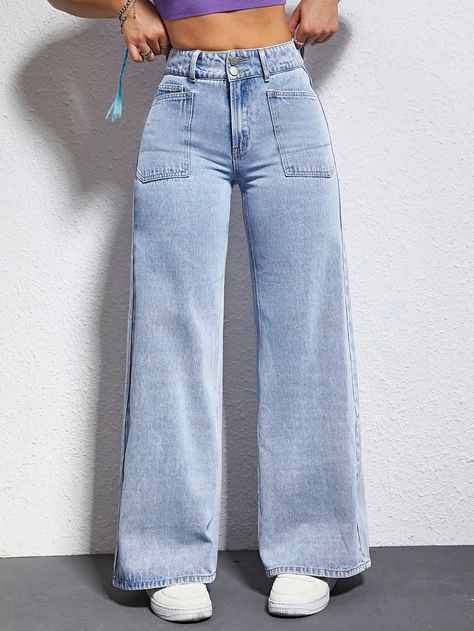 Light Wash  Collar  Denim Plain Wide Leg Embellished Non-Stretch  Women Clothing Wide Leg Denim Outfit, Korean Shorts, Moda Denim, Estilo Denim, Moda Jeans, Mode Jeans, Cute Jeans, Simple Trendy Outfits, Wide Leg Denim