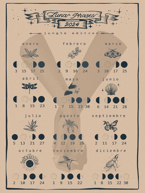 Moon calendar, moon phases, printable, digital, jungle Organisation, Bujo Lunar Calendar, Witchy Planner Ideas, Witchy Planner Printables, Event Organizer Planners, Business Planner Organization, Moon Planner, Moon Chart, 2024 Printable