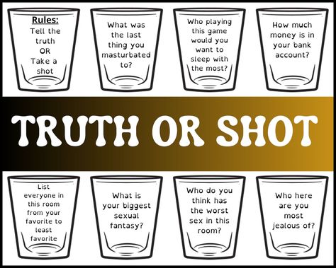 Truth or Shot Adult Drinking Game to Party - Etsy Drunk Games, Adult Drinking Games, Alcohol Games, Sleepover Party Games, Drinking Card Games, Diy Party Games, Flot Makeup, Dare Questions, Fun Drinking Games